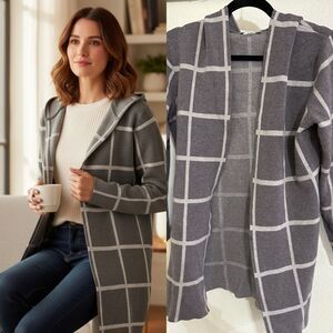 Sioni Hooded Cardigan Medium Gray Windowpane Plaid Open Front Sweater